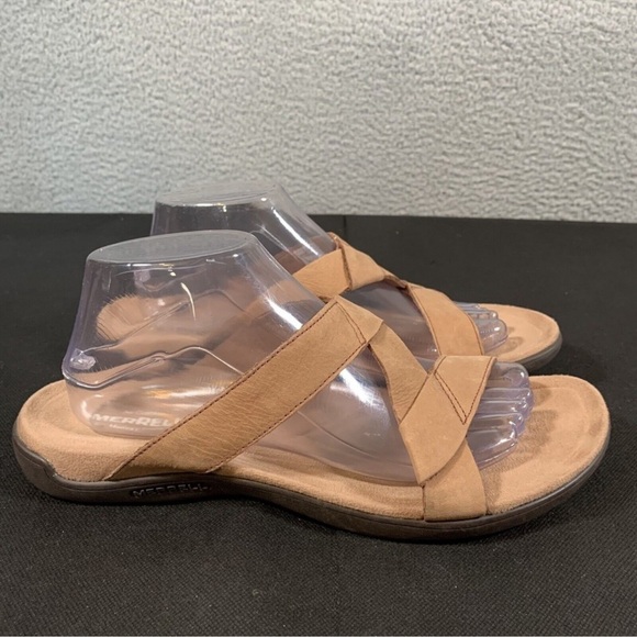 NWOT Merrell Sandals Womens 10 District Kanoya Slide Tan "Carob" Leather EUC - Picture 1 of 5